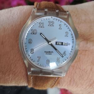 38MM LIGHT BLUE SWATCH WATCH with DAY & DATE, LEATHER BAND, NEW BATTERY